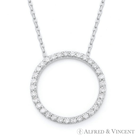 Eternity Circle Cubic Zirconia CZ Crystal Pendant & Chain Necklace in .925 Sterling Silver