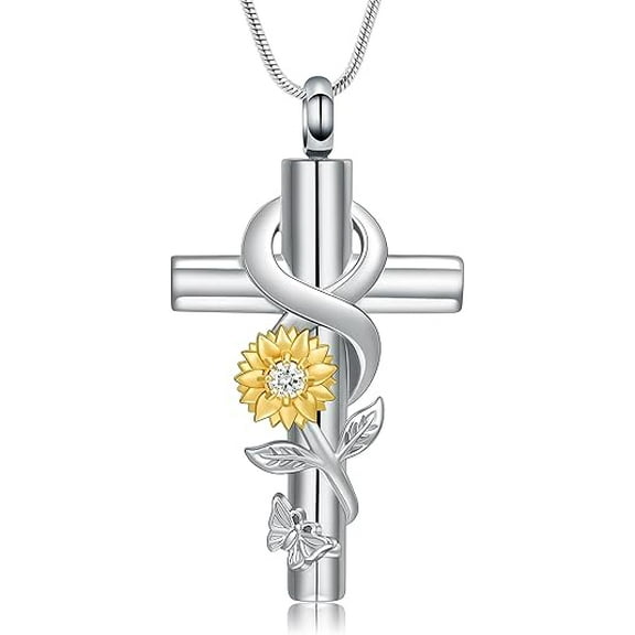 Eternity Cross Cremation Urn Necklace for Ashes Sunflower Ashes Urn Necklace for Human / Pet Infinity Urn Pendant Necklace Keepsake Jewelry for Love Ones