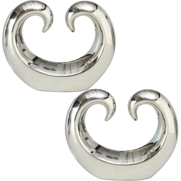 Eternity Double Curled Wave Sculpture, Set of 2, Modern Art, Silver Titanium Glazed Ceramic Stoneware, 8 1/4 Inches, Abstract Table Top Accent