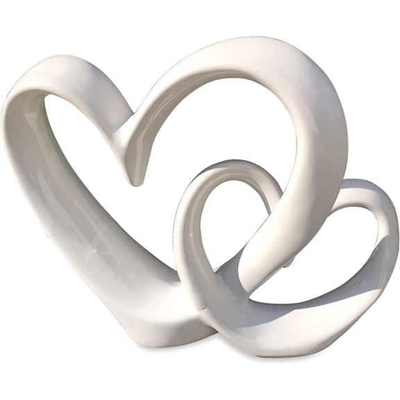 Eternity Double Heart Sculpture, Decorative Modern Art, White Glazed Stoneware, 10 1/4 Inches Tall