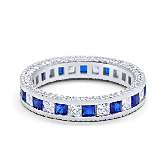 Eternity Princess Cut Band Ring Blue Sapphire CZ 925 Sterling Silver Size 9