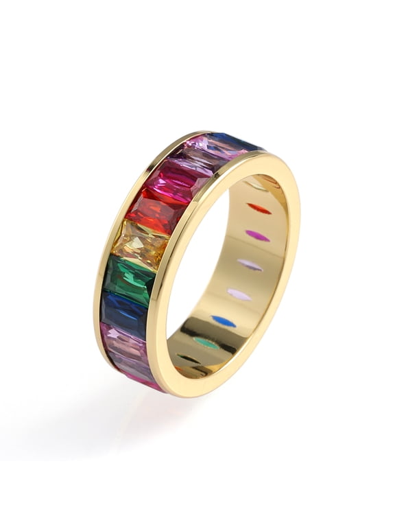 Eternity Rainbow Baguette Ring, Emerald Cut Cubic Zirconia, Birthstone Wedding Thumb Ring for Women and Men – Muses Art Design
