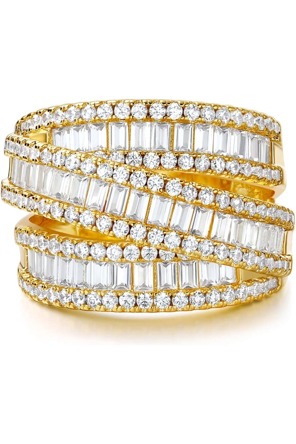 Eternity Ring Wedding Bands,18K Gold Plated 3 Rows Emerald Cut Lab Diamond Band Rings for Women Men
