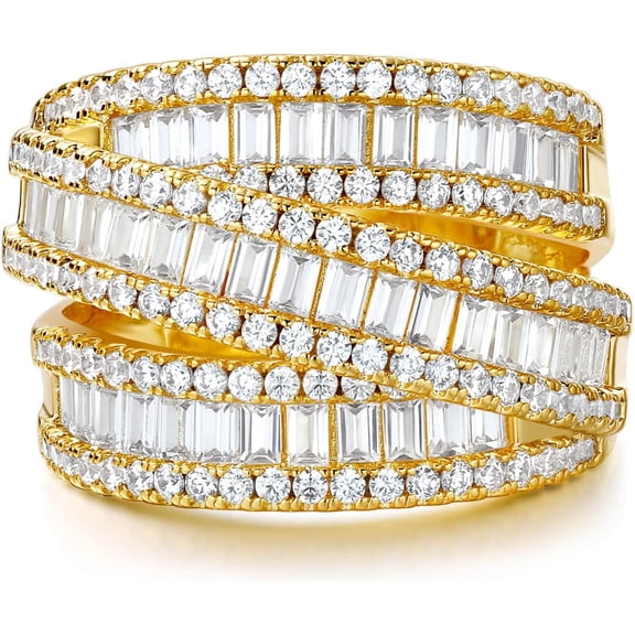 Eternity Ring Wedding Bands,18K Gold Plated 3 Rows Emerald Cut Lab Diamond Band Rings for Women Men