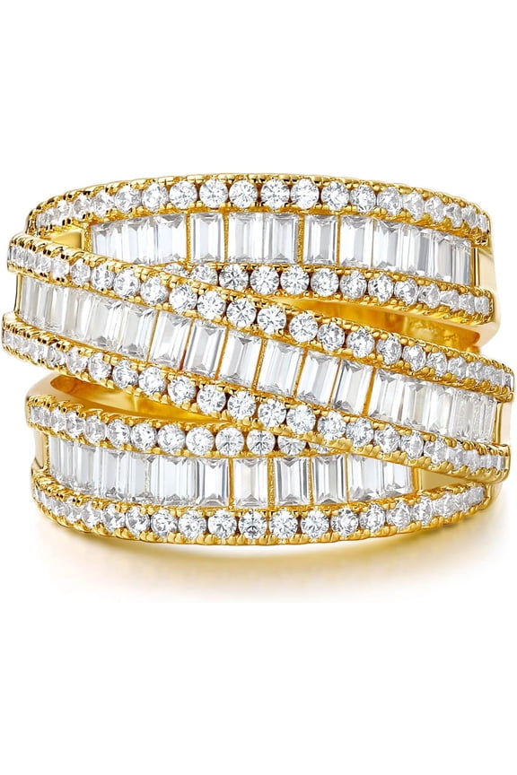 Eternity Ring Wedding Bands,18K Gold Plated 3 Rows Emerald Cut Lab Diamond Band Rings for Women Men