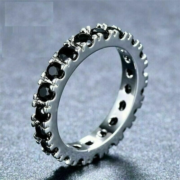 Sparkle Jewels Eternity Round Cut Black Cubic Zirconia 925 Sterling Silver Wedding Anniversary Band Ring