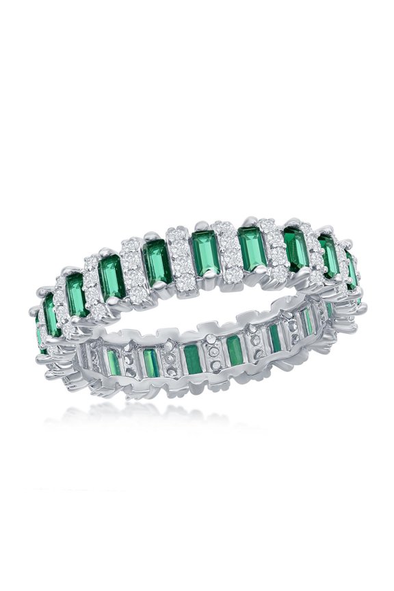 Eternity Stackable Band Ring Created Emerald 5mm Baguette and Round Simulated CZ Diamond Sterling Silver Engagement Jewelry for Women or Teens (size-8)