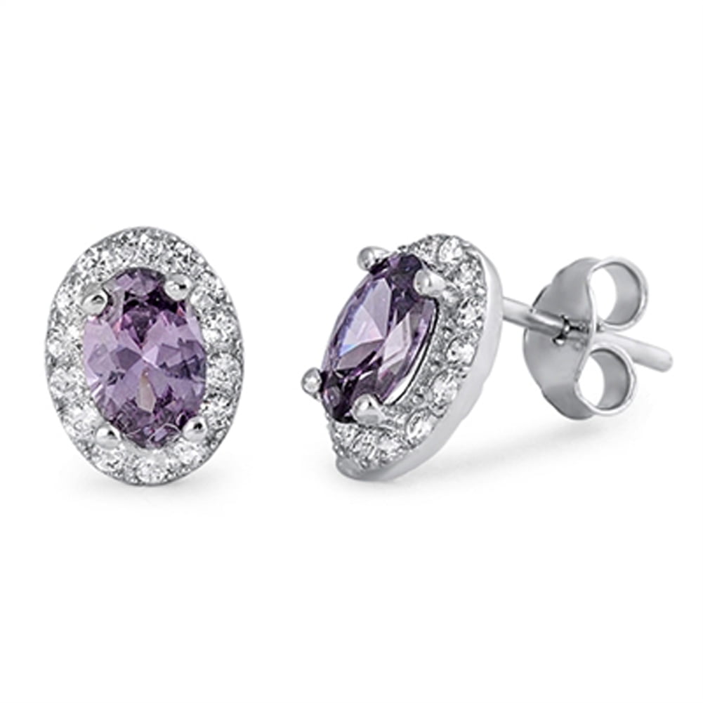 Eternity Vintage Studded Oval Forever Simulated Amethyst Clear CZ .925 Sterling Silver Earrings Female
