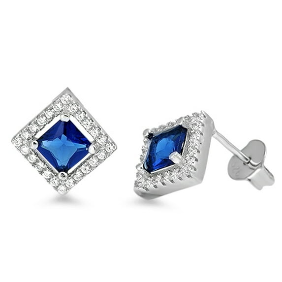 Eternity Vintage Style Studded Square Endless Blue Simulated Sapphire .925 Sterling Silver Earrings Female