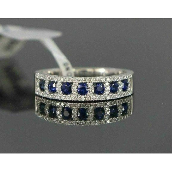 Eternity Wedding Band Ring Round Cut Blue Sapphire & Diamond 14K White Gold Plated