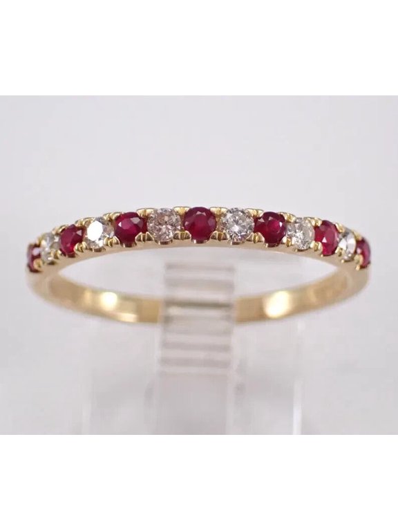 Eternity Wedding Band Ring Round Cut Red Ruby 14k Yellow Gold Plated Silver