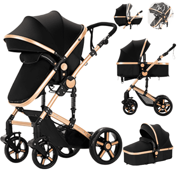 EternoBaby 2-in-1 Baby Stroller,Travel Pushchair, High-View Infant Carriage with with Cup Holder, Mosquito Net for 0-36 Months,Unisex,Black Gold