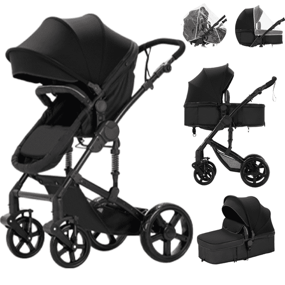 EternoBaby 2-in-1 Baby Stroller,Travel Pushchair, High-View Infant Carriage with with Cup Holder, Mosquito Net for 0-36 Months,Unisex,Black