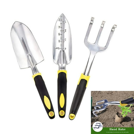 Etersec Garden Tool Set, 3-Piece Aluminium Gardening Tools Set with Hand Trowel, Graduated Trowel and Hand Rake with TPR Rubber Non-Slip Handles, for Gardening, Good Gardening Gifts(Yellow)