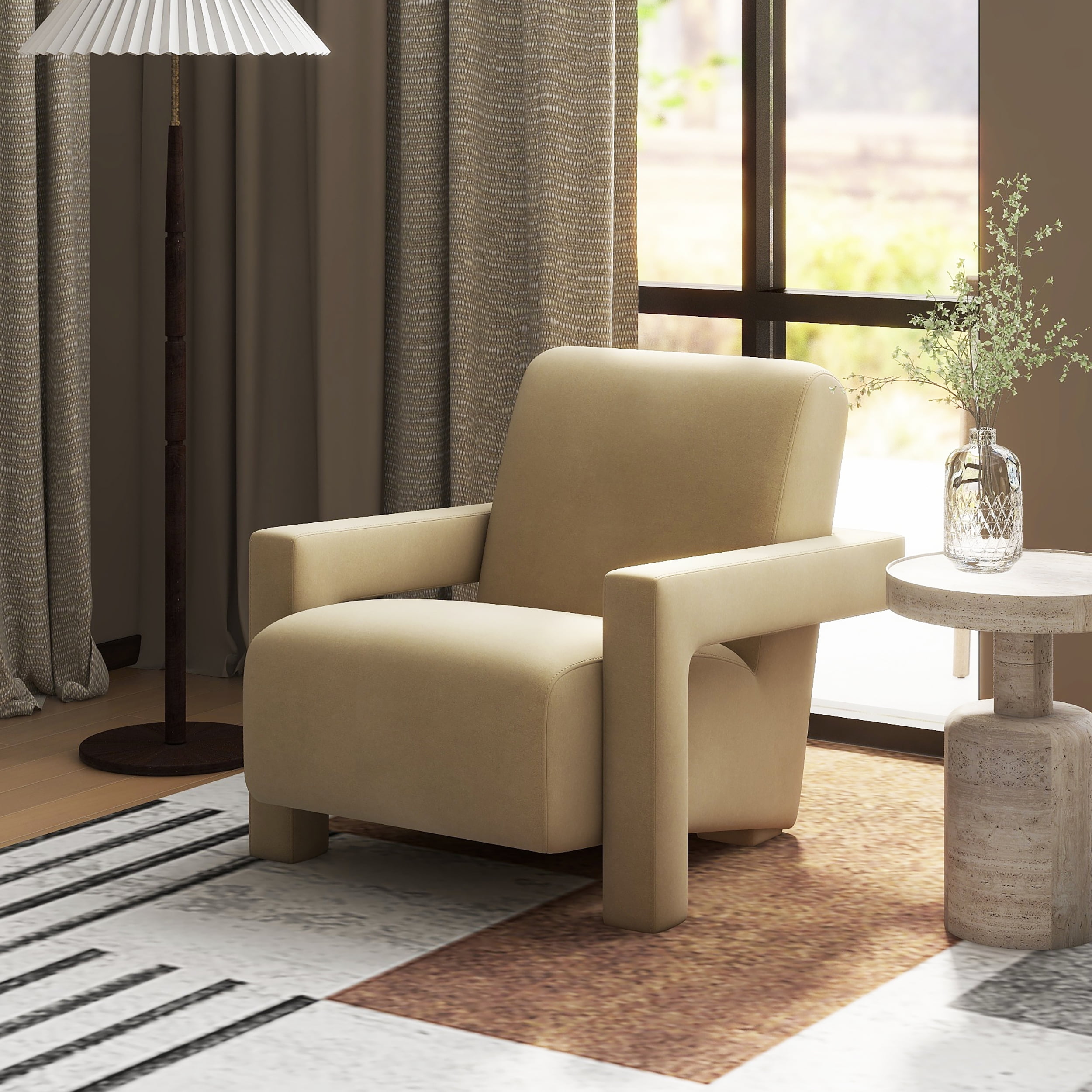 Camel Brown Beige Velvet Upholstered Arm Chair with Solid Wood Frame