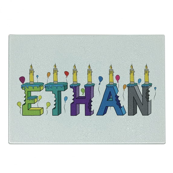 Ethan Cutting Board, Celebration Themed Candles and Bitten Cake Popular Male Name Birthday Party Image, Decorative Tempered Glass Cutting and Serving Board, Small Size, Multicolor, by Ambesonne