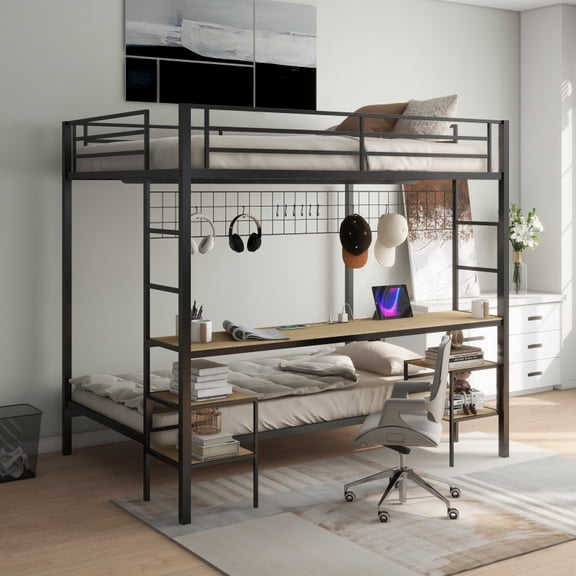 Ethan Full Over Twin Bunk Bed with Desk and Charging Station and Storage Shelves and Metal Wire Mesh Panel with Hooks, Safety Guard & Stairs,No Box Spring Needed, Black & Nature Oak