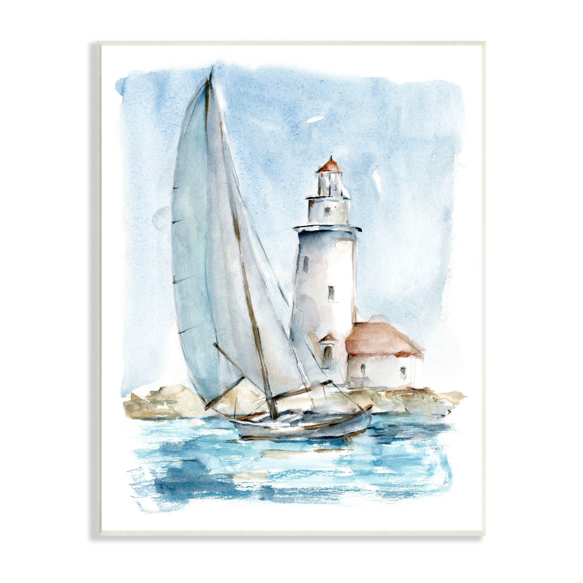 Ethan Harper Lighthouse Tower Beacon Sea Sail Boat Nautical Outdoors 10" x 15" Framed Painting Art Print, by Stupell Home Décor