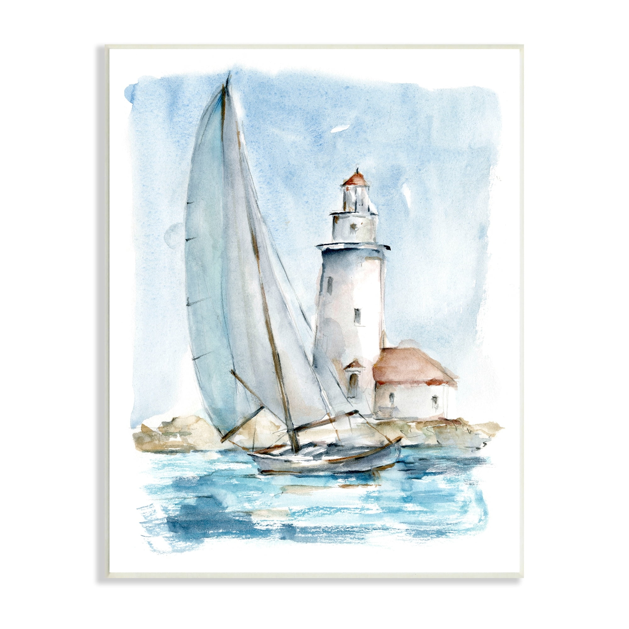 Ethan Harper Lighthouse Tower Beacon Sea Sail Boat Nautical Outdoors 13" x 19" Framed Painting Art Print, by Stupell Home Décor