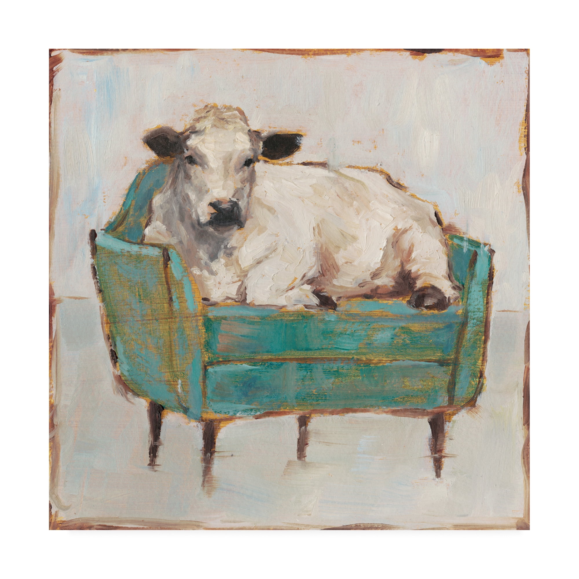 Ethan Harper White Cow on Green Chair Canvas Art, 18" x 18"