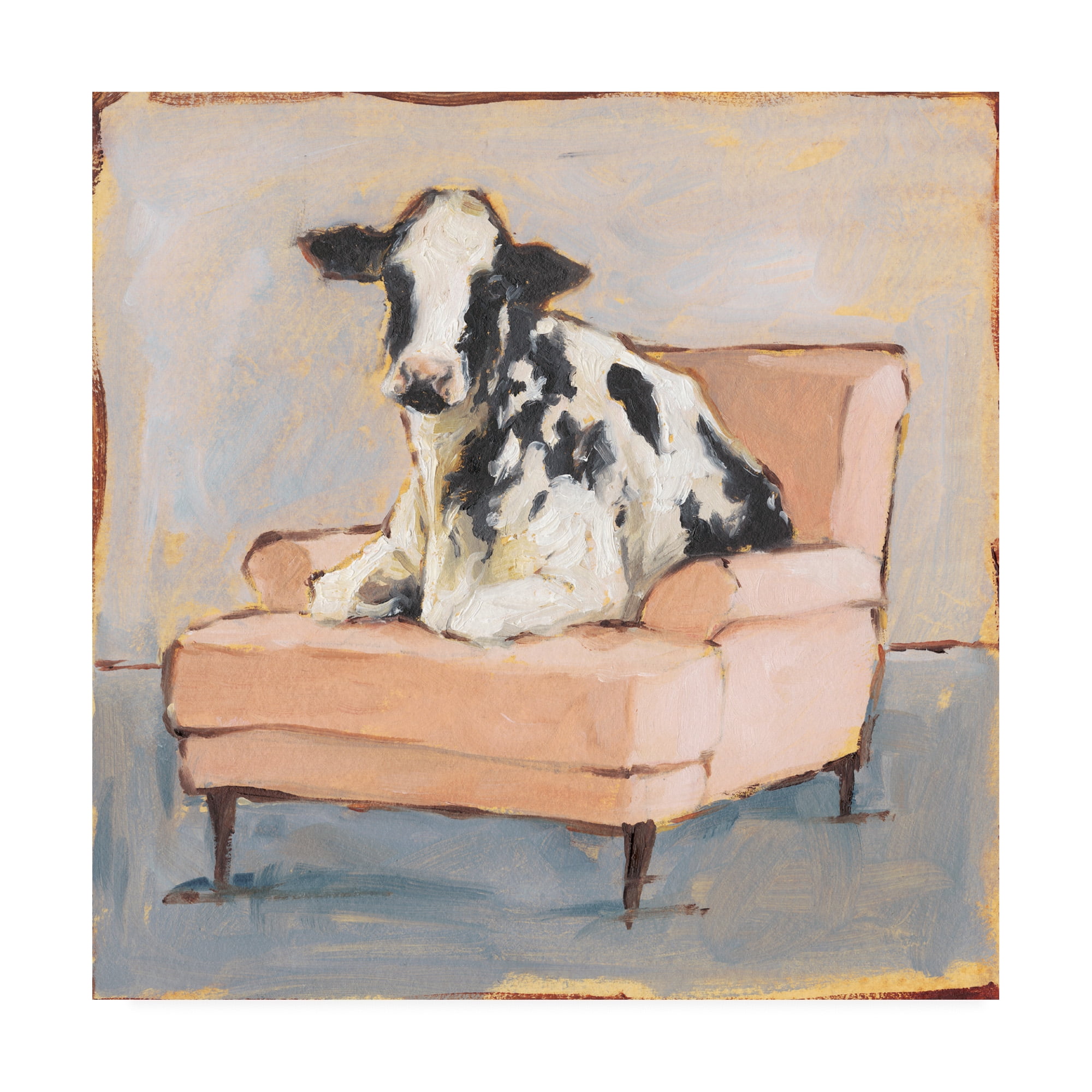 18'' x 18'' Black and White Cow on Pink Chair Canvas Art