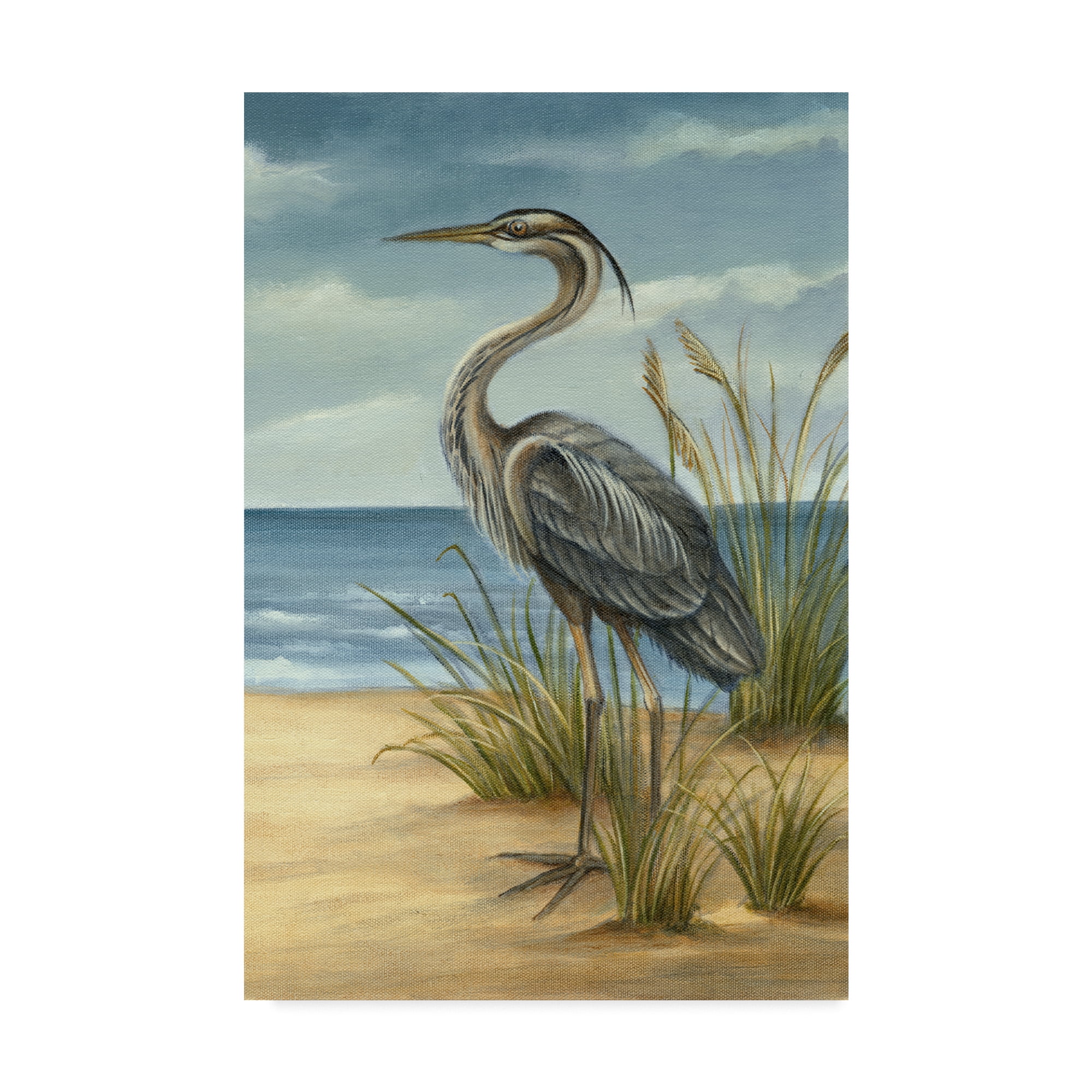 Modern Coastal Heron Canvas Print in Blue and Beige