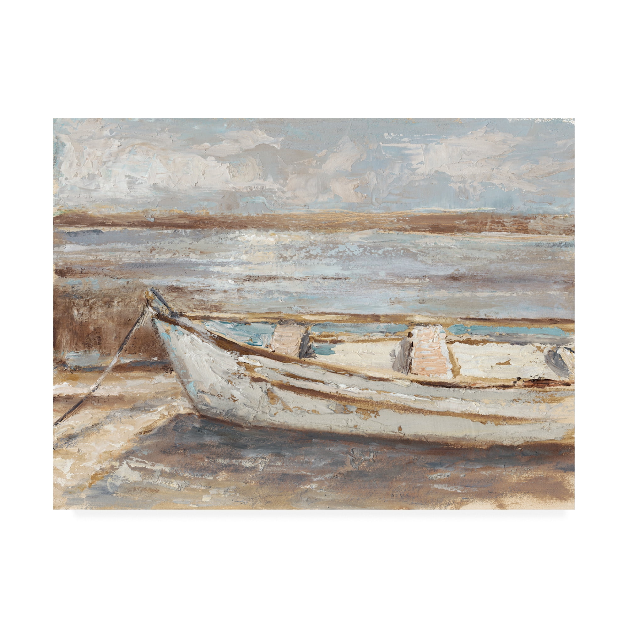 Weathered Rowboat Coastal Canvas Print in White and Tan