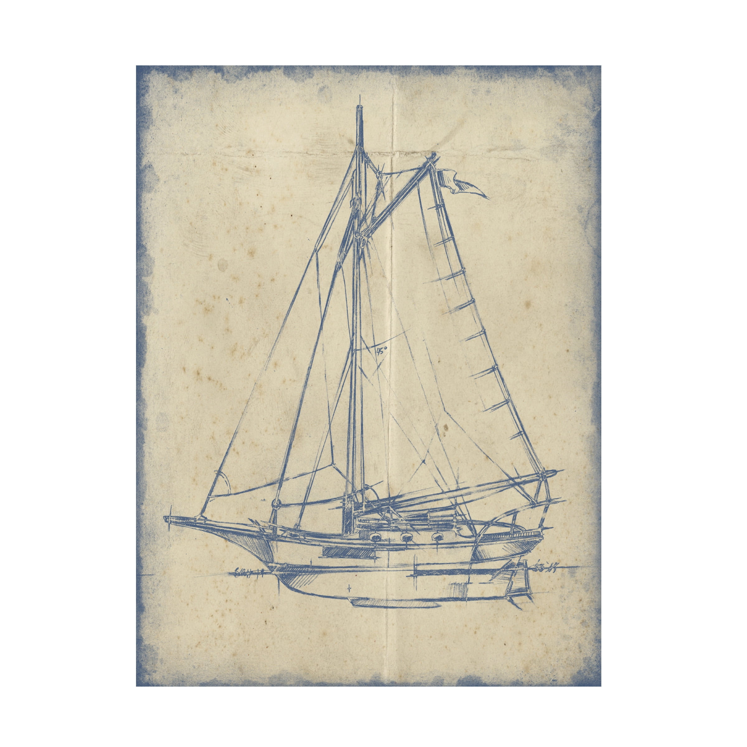 Vintage Blue and Beige Nautical Sailboat Canvas Art 14 x 19