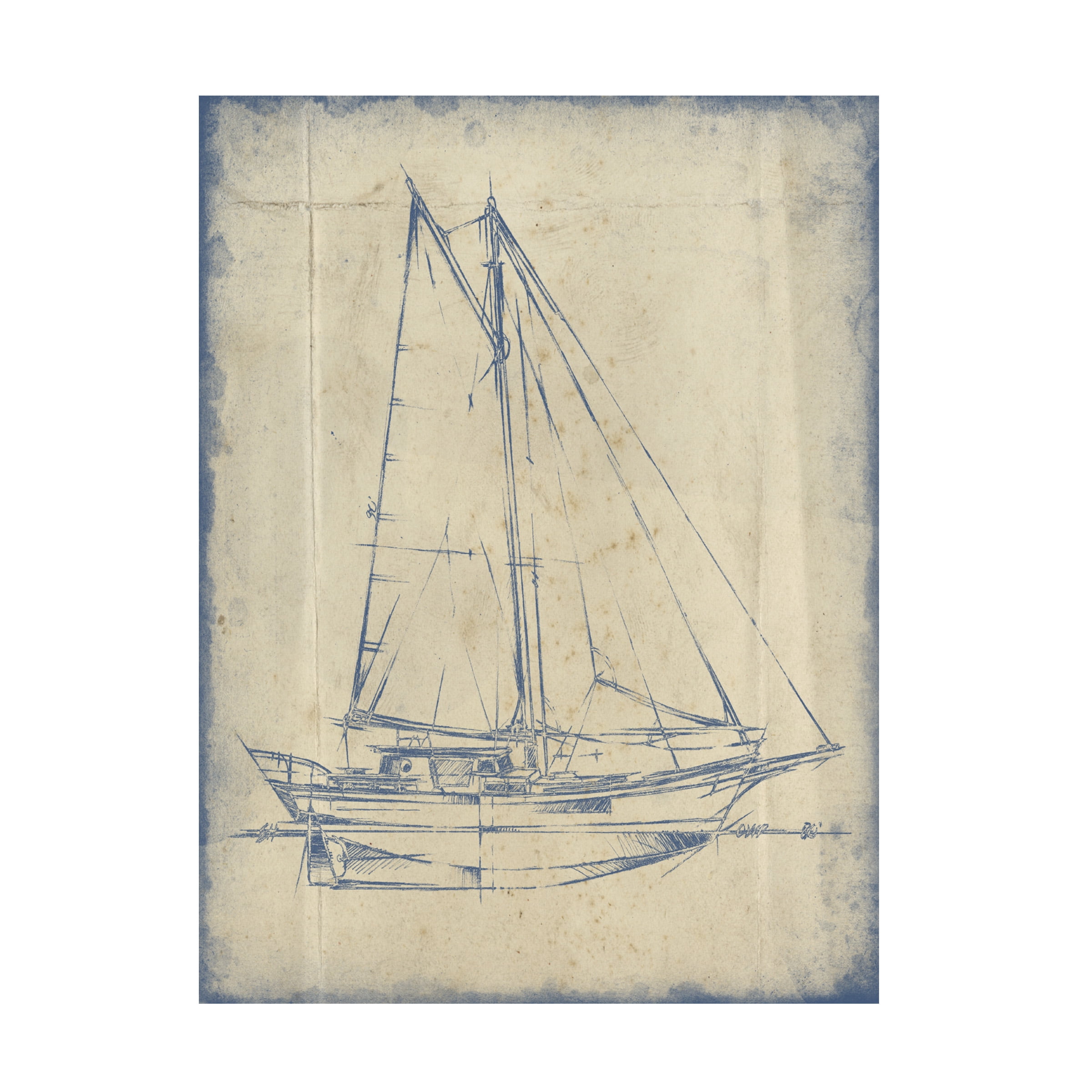 Vintage Blue and Beige Nautical Sailboat Canvas Art, 35 x 47