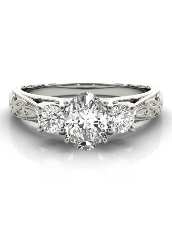 2.02 Ct Oval Cut 3-Stone Lab-Created Simulated Diamond Ring 14K White Gold Plated Vintage Leaf Style for Women