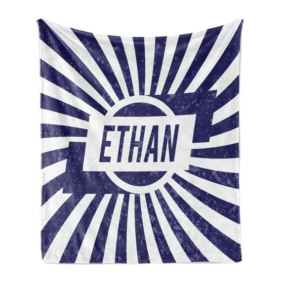 Ethan Soft Flannel Fleece Throw Blanket, Grunge Letters in Navy Blue in a Circle with Wavy Stripes Boys Birthday, Cozy Plush for Indoor and Outdoor Use, 50" x 70", Navy Blue and White, by Ambesonne