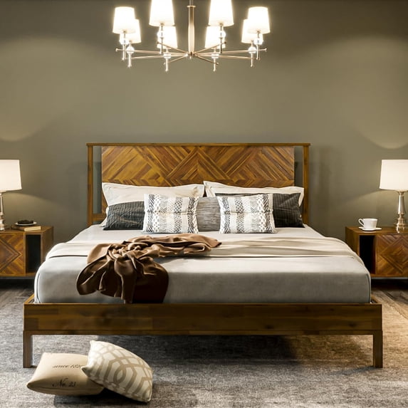 Ethan Solid Wood King Bed Frame with Diamond Headboard - Rustic & Mid-century Modern - Acacia Wood Platform Bed - Compatible with All Mattresses - No Box Spring Needed - Rustic Dark Brown