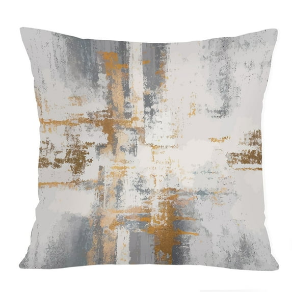 Ethan Taylor Abstract Throw Pillow Soft Cushion Cover 'Symphony Gold Paint Brush Strokes' Transitional Pattern Decorative Square Accent Pillow Case, 16x16 Inches, Gray, Beige