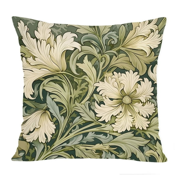 Ethan Taylor Botanical Throw Pillow Soft Cushion Cover 'William Morris Floral Pattern III Modern Cottage and Cottagecore' Pattern Decorative Square Accent Pillow Case, 16x16 Inches, Green, Beige