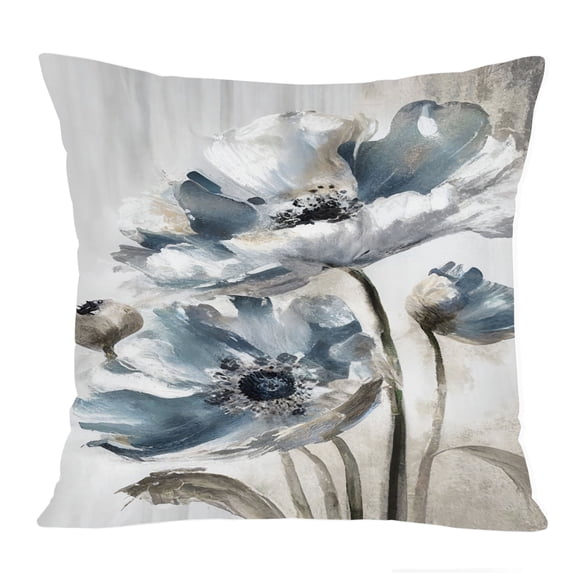 Ethan Taylor Floral Throw Pillow Soft Cushion Cover 'Blue and Silver Flowers II' Classical Pattern Decorative Square Accent Pillow Case, 16x16 Inches, Blue, Gray