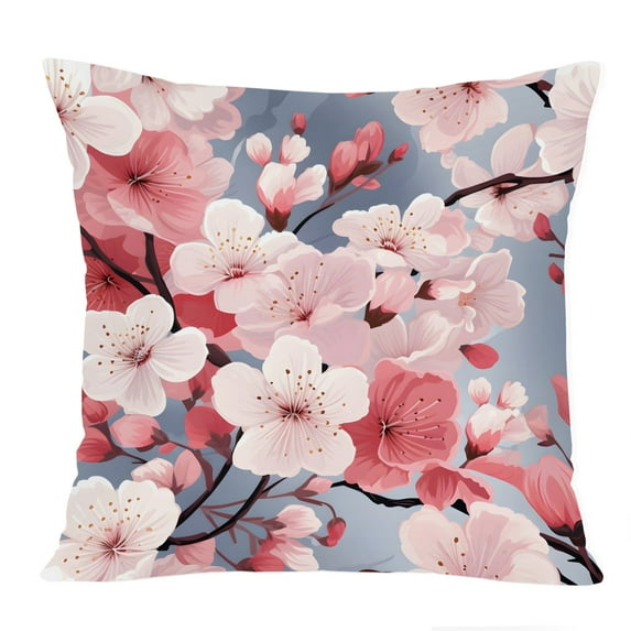 Ethan Taylor Floral Throw Pillow Soft Cushion Cover 'Japanese Zen Flower Sakura Cherry Blossom III Asian Flowers in Bloom' Pattern Decorative Square Accent Pillow Case, 18x18 Inches, Blue, Pink
