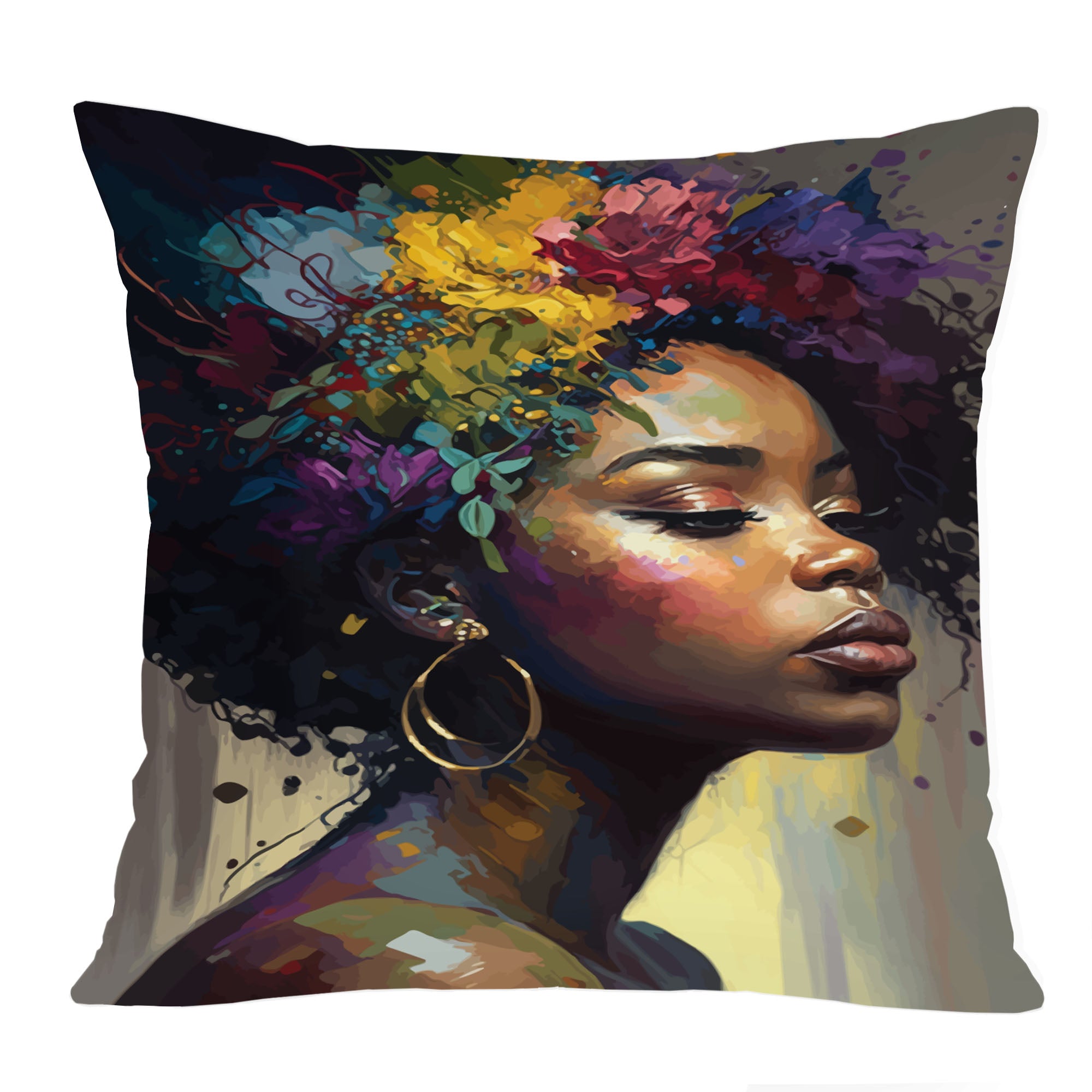 Ethan Taylor People & Portraits Throw Pillow Soft Cushion Cover 'Black Woman Portrait, African American Art Female Portraits' Modern Decorative Square Accent Pillow Case, 16x16 Inches, Brown, Green - image 1 of 5