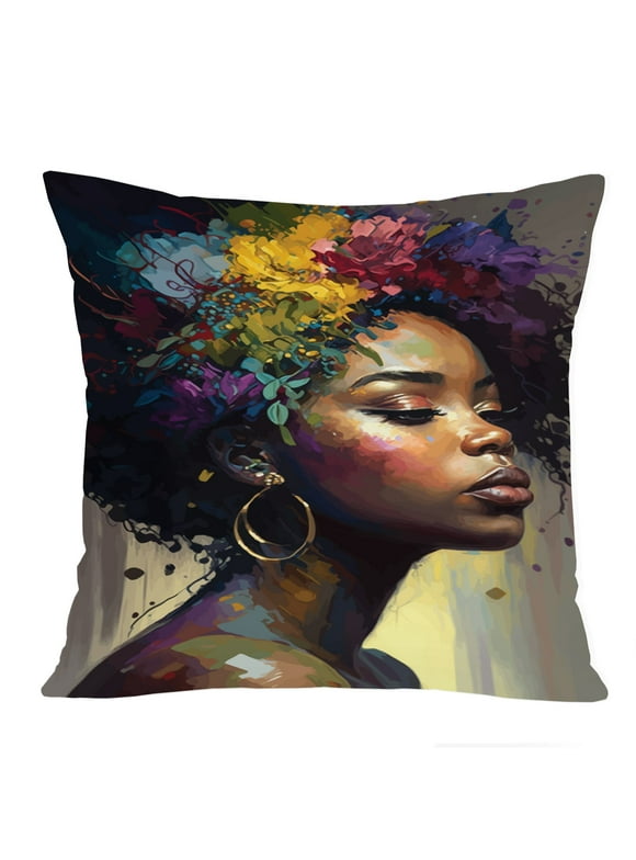 Ethan Taylor People & Portraits Throw Pillow Soft Cushion Cover 'Black Woman Portrait, African American Art Female Portraits' Modern Decorative Square Accent Pillow Case, 16x16 Inches, Brown, Green