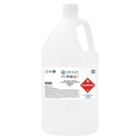 Lab Alley Ethanol 200 Proof, 100% Denatured with Heptane, Extraction Grade Solvent, 4 Liters