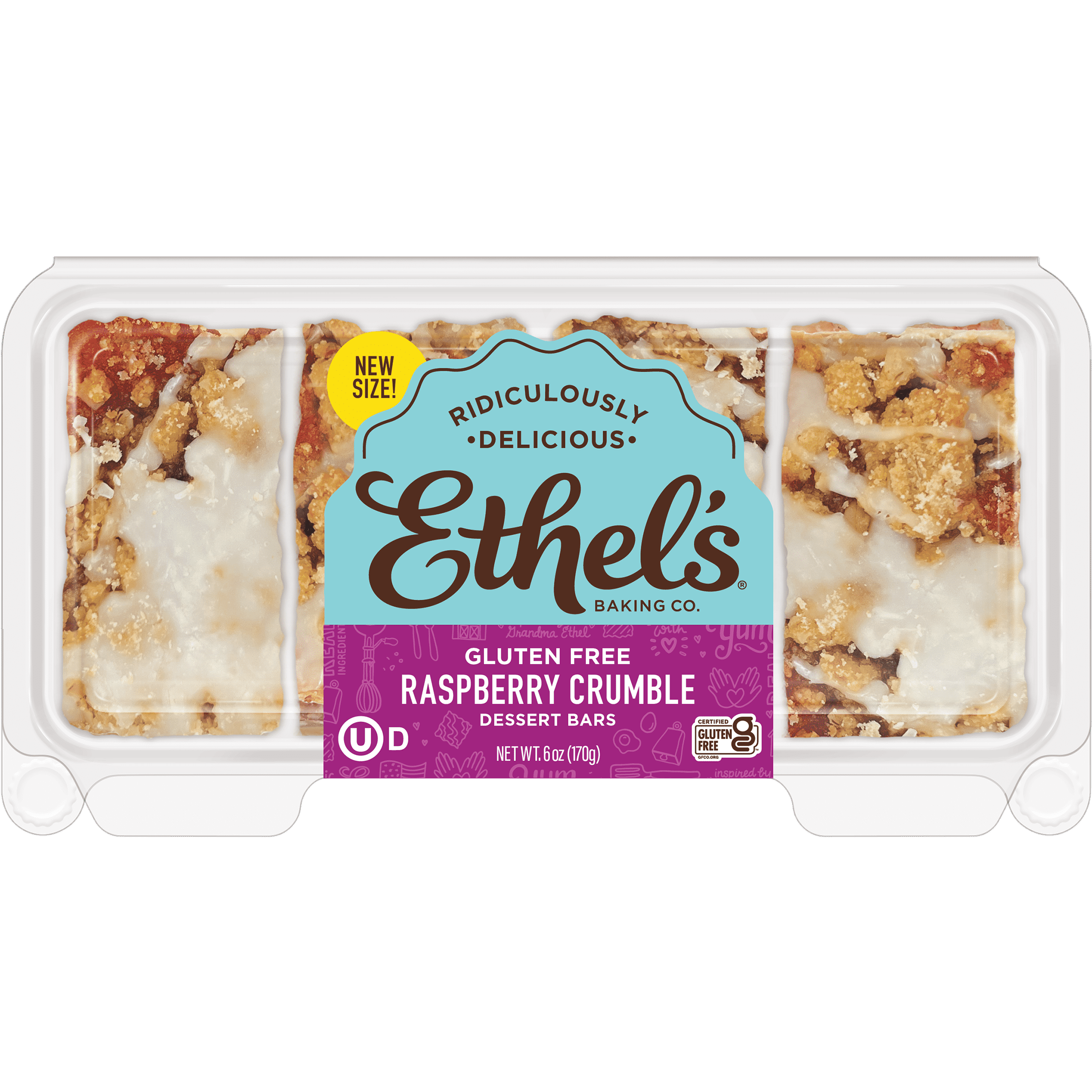 Ethel's Raspberry Crumble Dessert Bars – Slow-Baked Shortcake with Real Raspberry Filling, 4 Pack (1.5 oz Each)