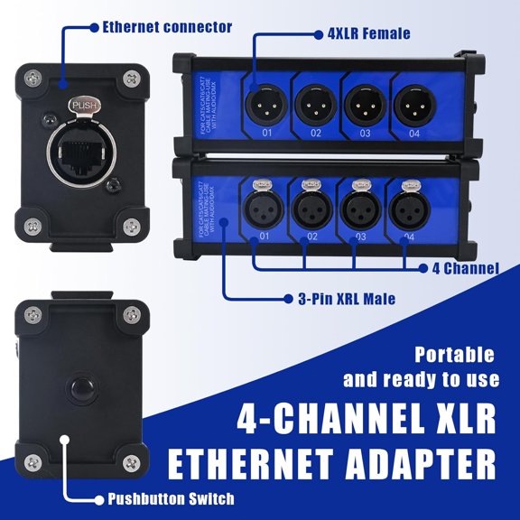 Ethercon Cable Multi Extender for Stage Lighting and Recording Studio, 4-Channel 3-pin XLR Snake Box Extender, XLR, DMX or AES Channels Over RJ45 Cat5/Cat6 Ethernet Cable (4 Male & 4 Female)