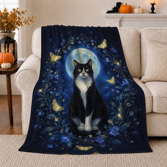 Ethereal Black Cat Moon Floral Wreath, Mystical Pet Portrait Pattern, Warm Flannel Blanket for Living Room and Reading Nook, Cat Lovers Friendship Gift, Pet Lover Home Decor