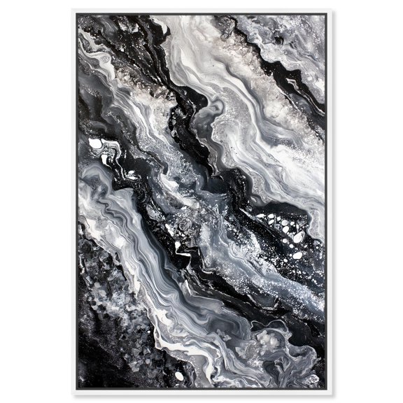 Ethereal Bloom 2 Canvas Black Paint Abstract by Art Remedy, White Frame, 36" x 54"