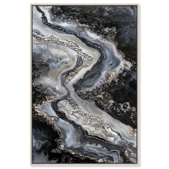 Ethereal Bloom 3 Canvas Black Paint Abstract by Art Remedy, Silver Frame, 36" x 54"