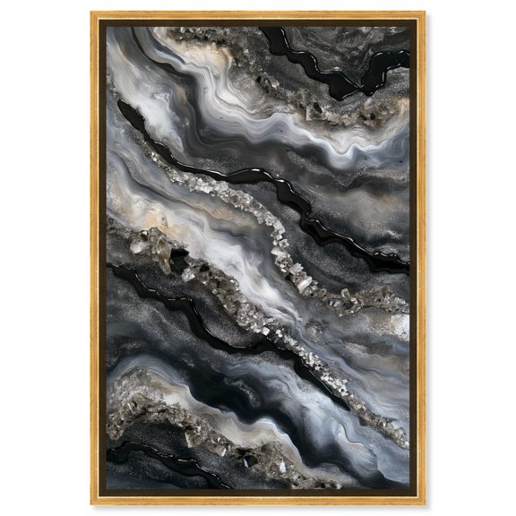 Ethereal Bloom Canvas Black Paint Abstract by Art Remedy, Gold Frame, 36" x 54"