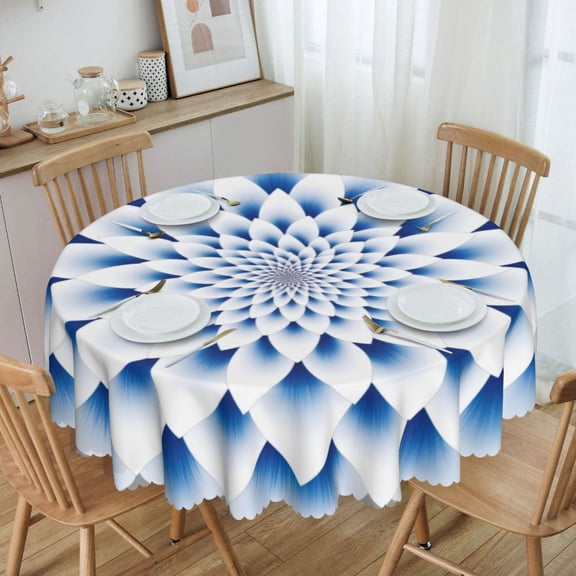 Ethereal Blue White Fractal Bloom Round Tablecloth Waterproof Oil-Proof Plastic Table Cloth Stain-Resistant Wipeable 60" for Camping, Dining, Indoor and Outdoor
