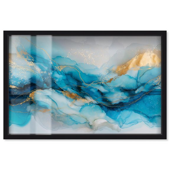 Ethereal Blue and Gold Shadowbox Print Abstract Wall Art by Art Remedy, Black Frame, 45 x 30