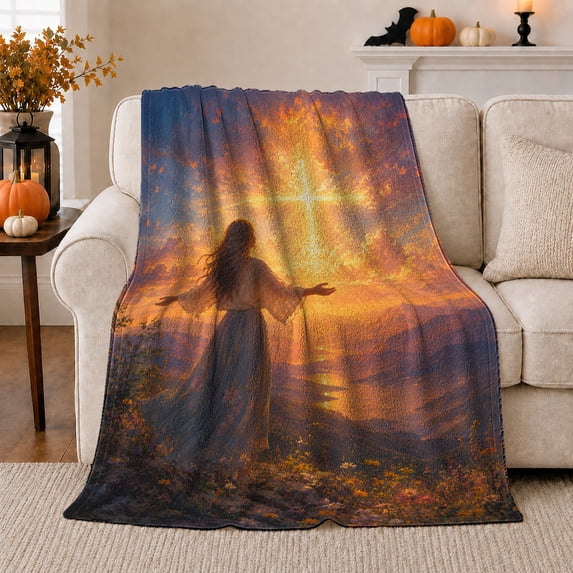 Ethereal Christian Faith Cross Wildflower Scene, Cozy Friendship Quote Scene, Warm Flannel Blanket for Living Room and Reading Nook, Art Lovers Encouragement Gift, Artistic Home Decor
