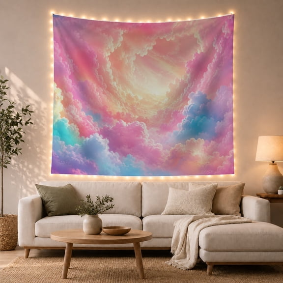 Ethereal Cloudscape with Golden Sun Rays and Pink Blue Hues, Dreamy Celestial for Space Lovers, Ethereal Nature Wall Art, Housewarming Gift Tapestry Wall Hanging for Bedroom and Living Room
