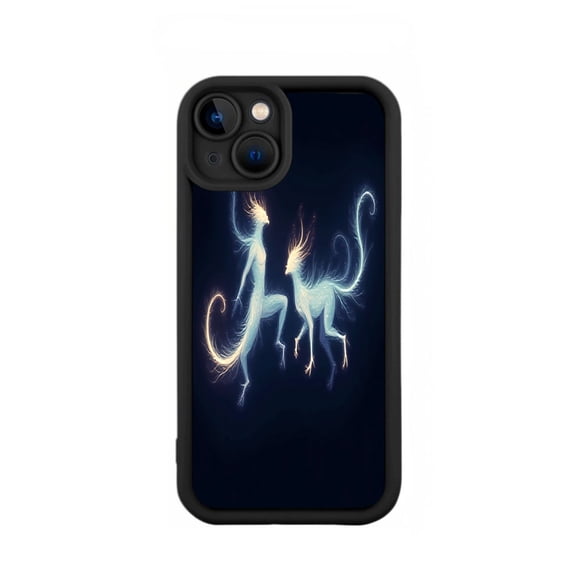 Ethereal Dragon Design iPhone 15 Case - Lightweight Yellowing Resistant Glowing Blue & Yellow Creatures on Dark Background